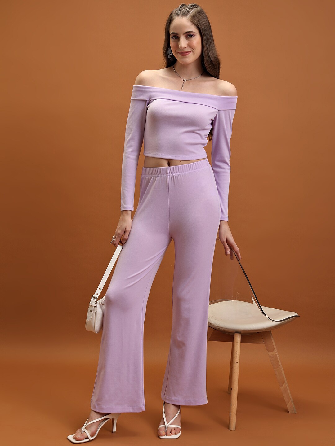 

Tokyo Talkies Women Knitted Off Shoulder Top & Flared Trousers Co-Ords, Lavender