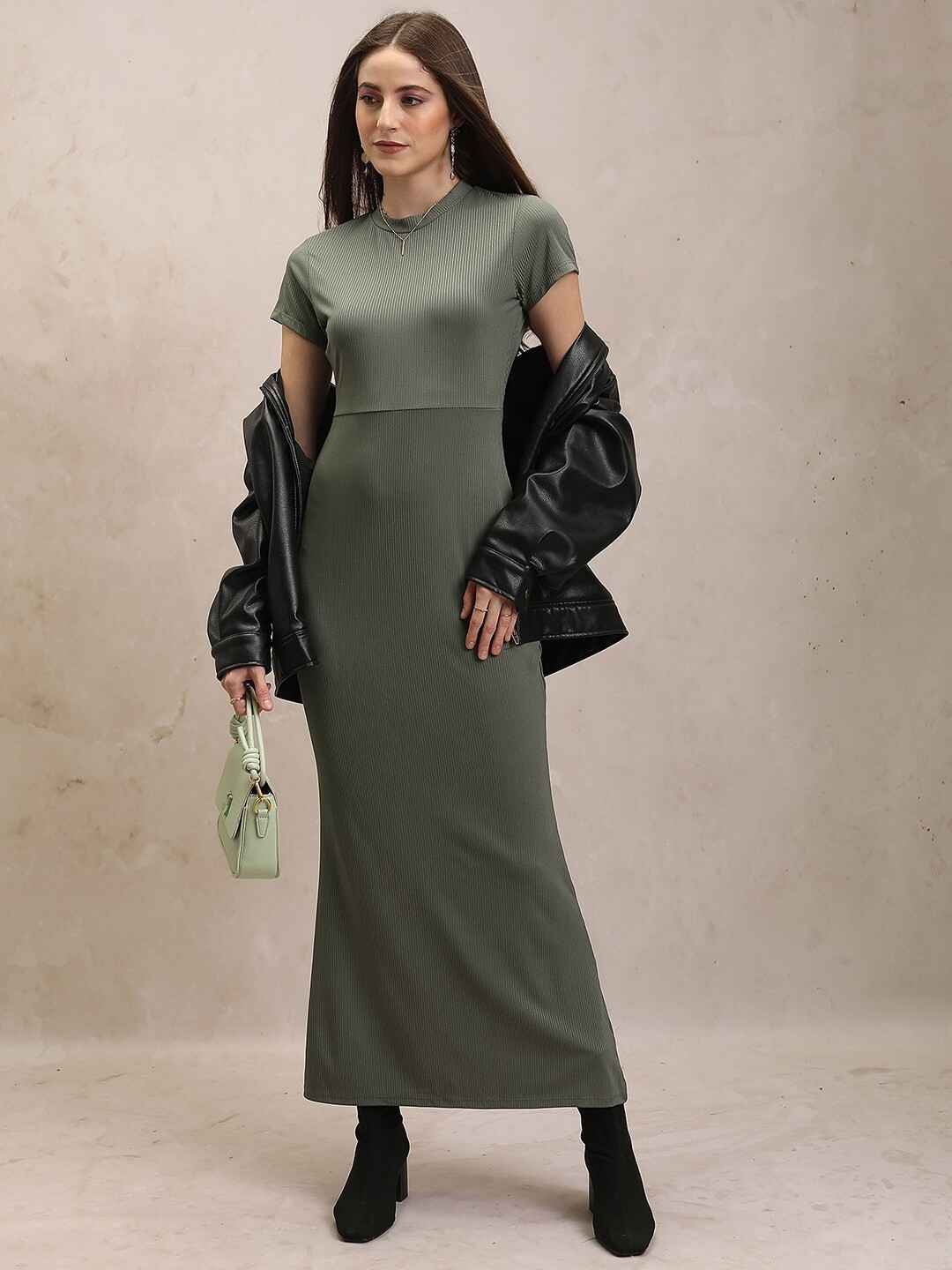 

Tokyo Talkies Self Design High Neck Maxi Dress, Olive