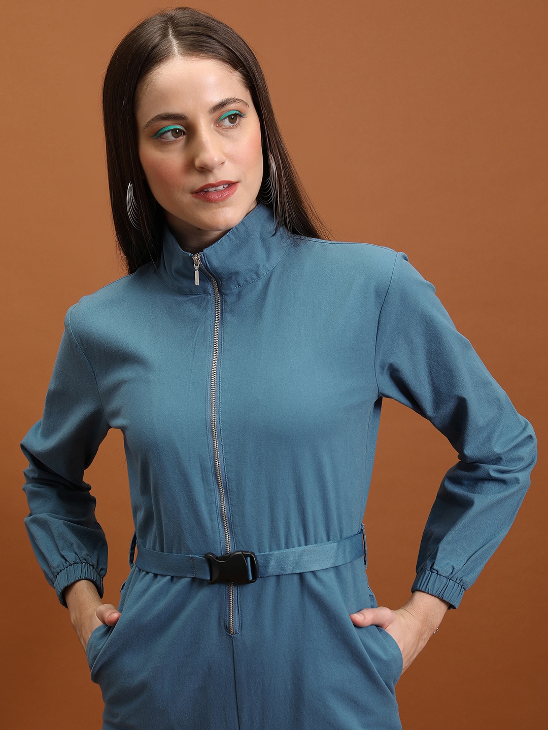 

Tokyo Talkies Blue Mock Collar Cotton Basic Jumpsuit With Belt