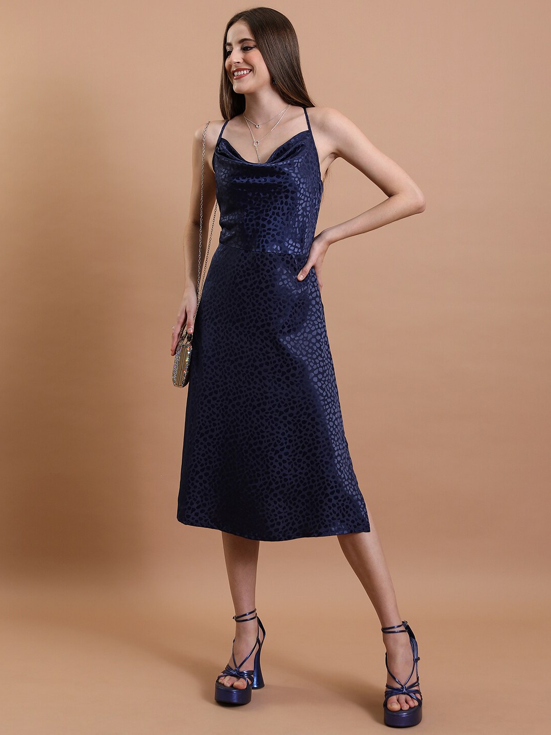 

Tokyo Talkies Printed Shoulder Straps A-Line Midi Dress, Navy blue