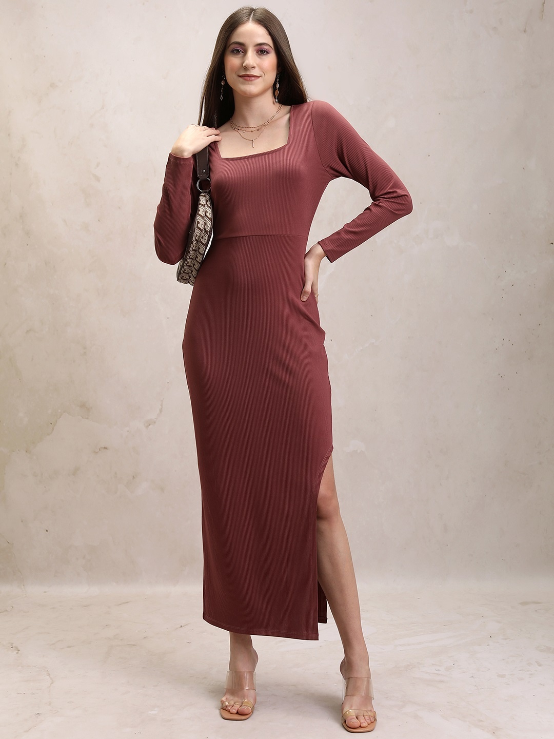

Tokyo Talkies Square Neck Long Sleeves Maxi Dress, Brown