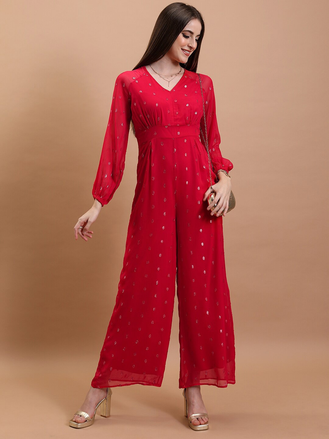 

Tokyo Talkies Red Puffed Sleeves Embellished Basic Jumpsuit