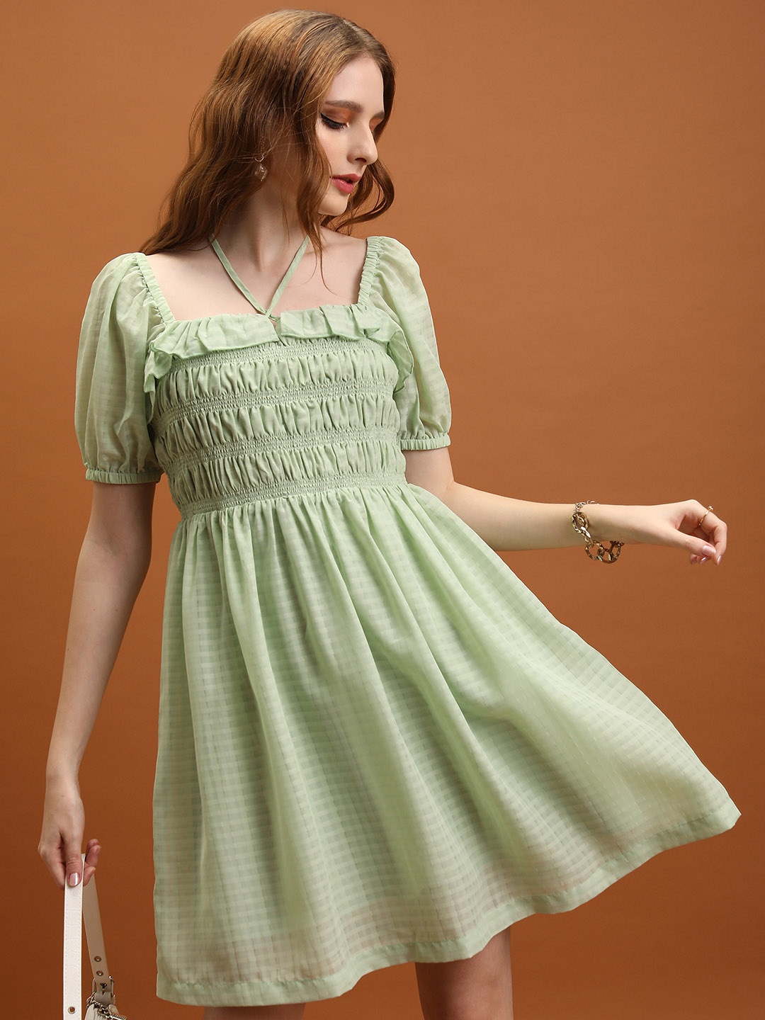 

Tokyo Talkies Square Neck Frill Detail Puff Sleeve Fit & Flare Dress, Green