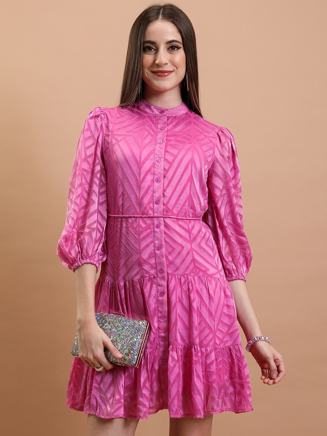 

Tokyo Talkies Geometric Self Design Puff Sleeve Tiered Shirt Style Dress, Pink