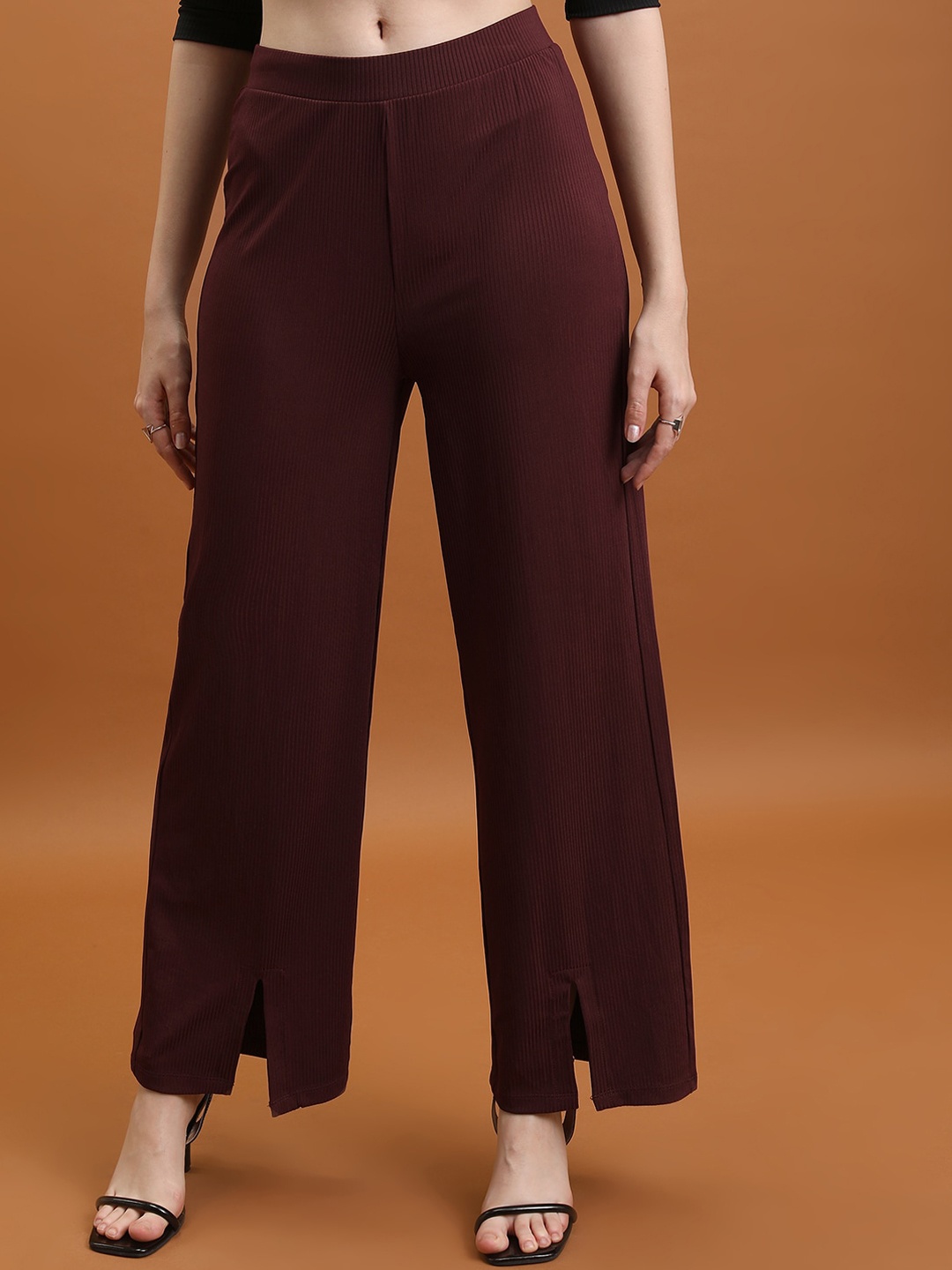 

Tokyo Talkies Women Burgundy Flared Trousers
