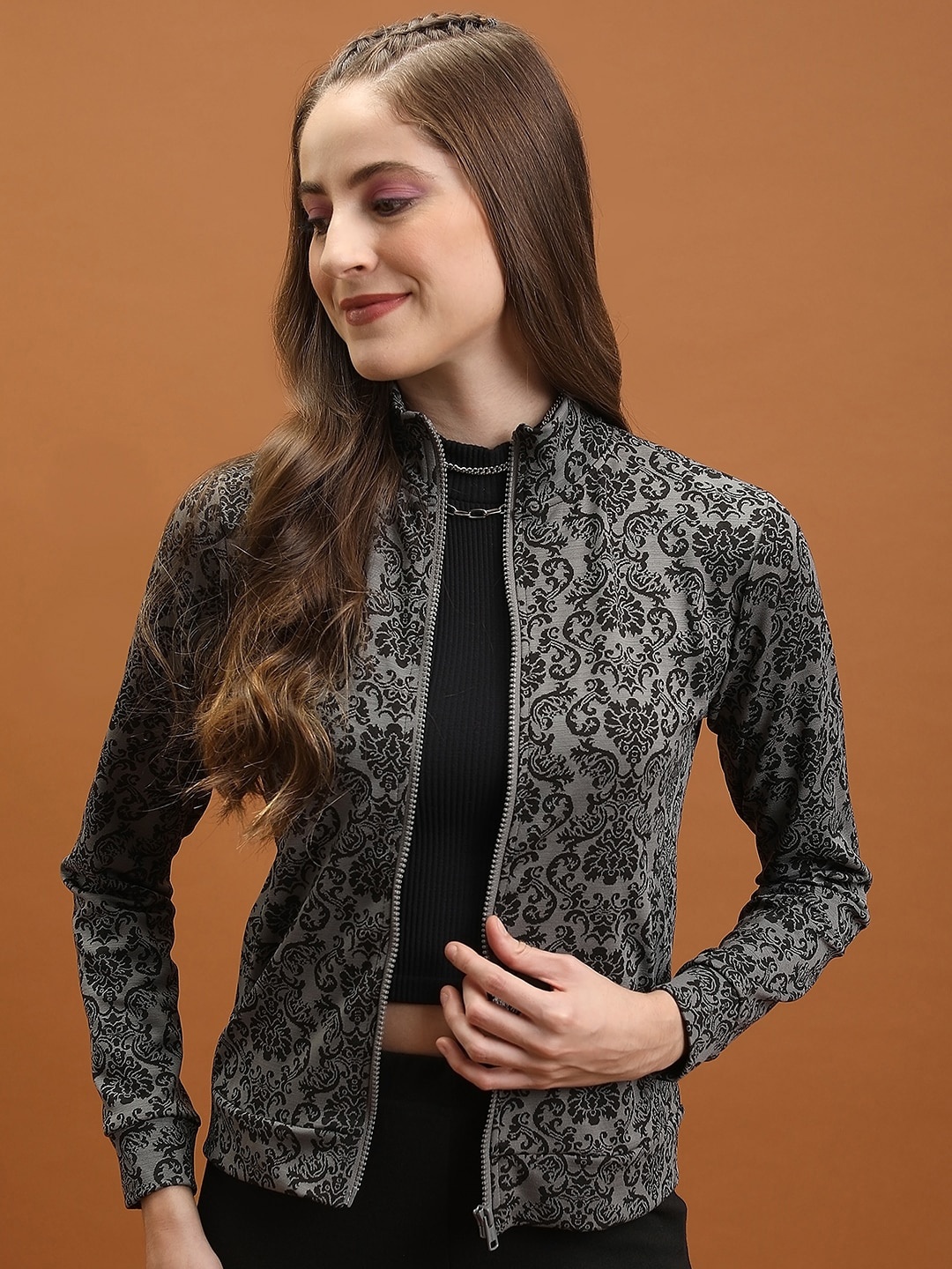 

Tokyo Talkies Grey Floral Printed Mock Collar Jacquard Open Front Jacket