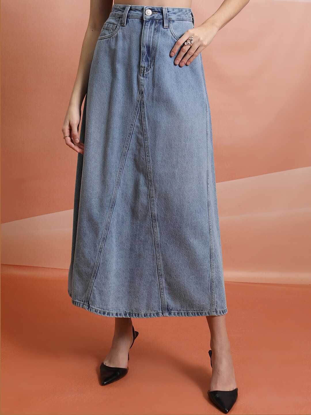 

Tokyo Talkies Blue A-Line Pure Cotton Midi Skirt