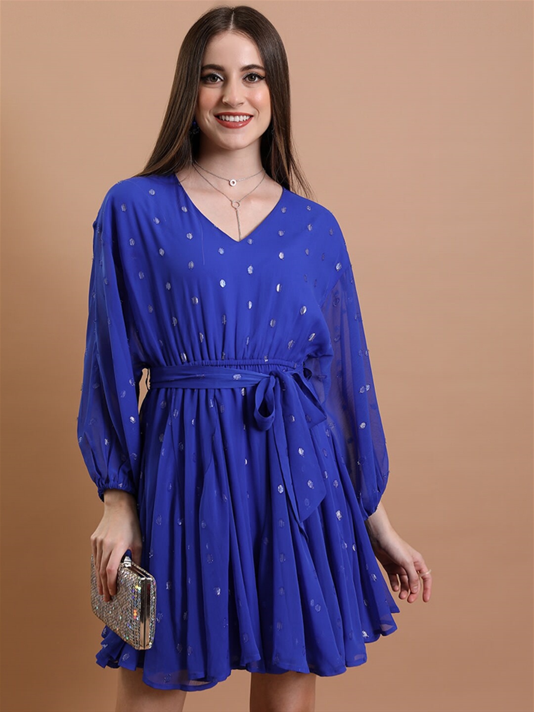 

Tokyo Talkies Blue Self Design V-Neck Belted Fit & Flare Dress