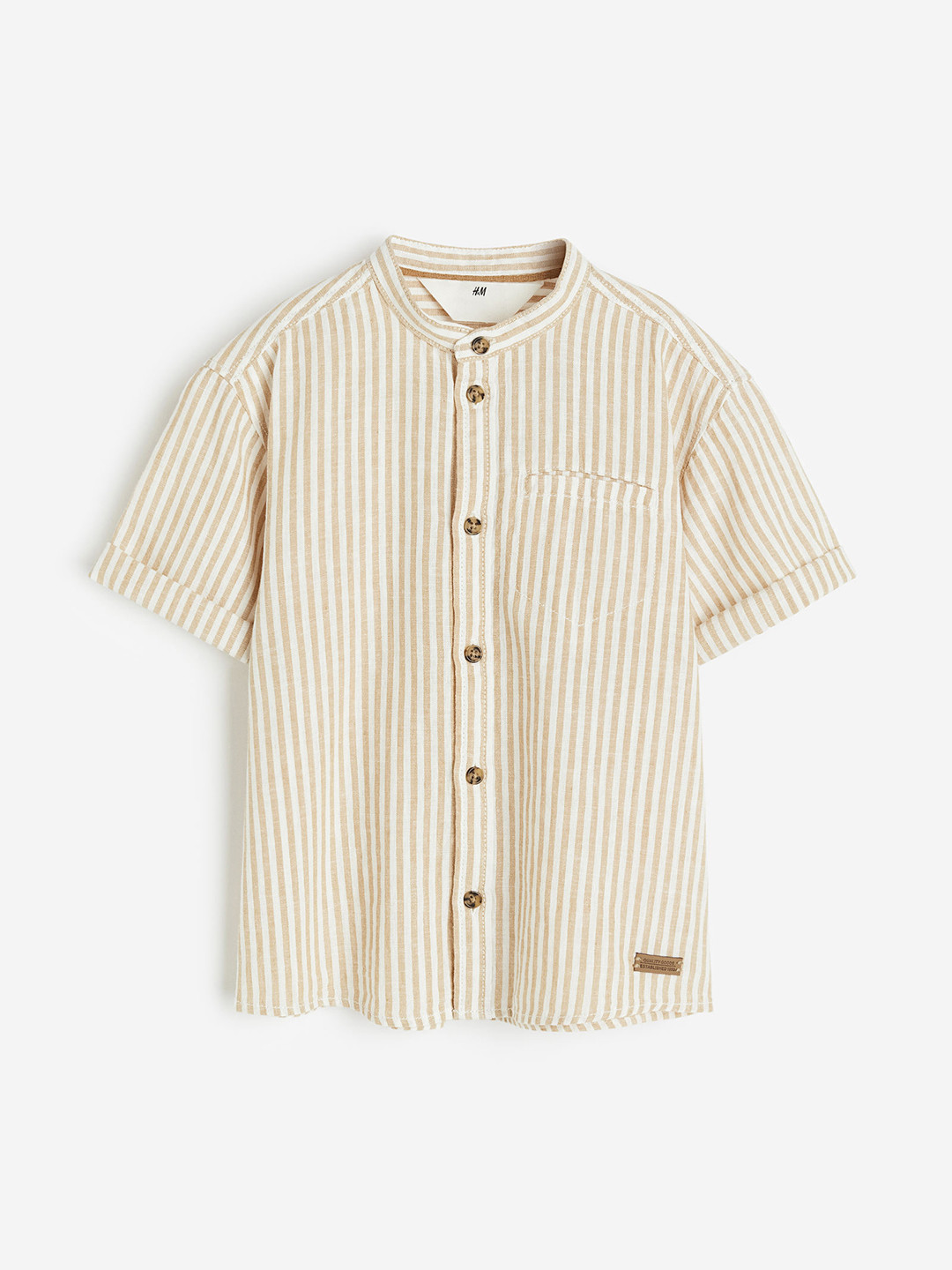 

H&M Boys Linen Cotton Short-Sleeved Grandad Shirt, Beige