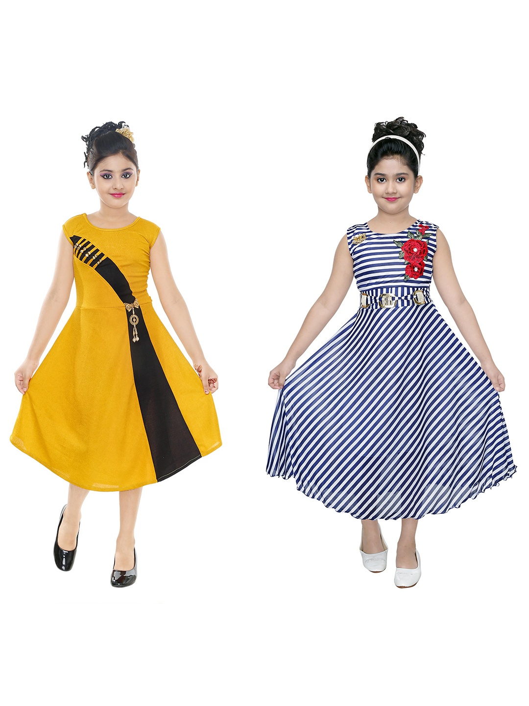 

BAESD Kids-Girls Pack Of 2 Striped Round Neck A-Line Midi Dress, Yellow