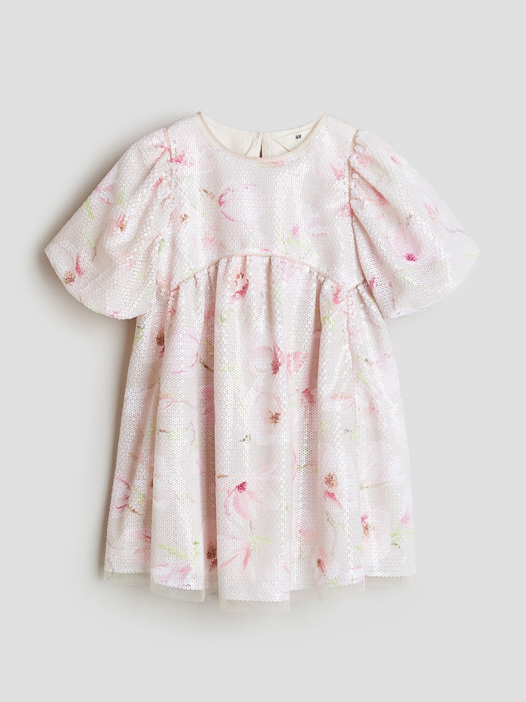 

H&M Girls Sequined Tulle Dress With Puff Sleeves, Pink