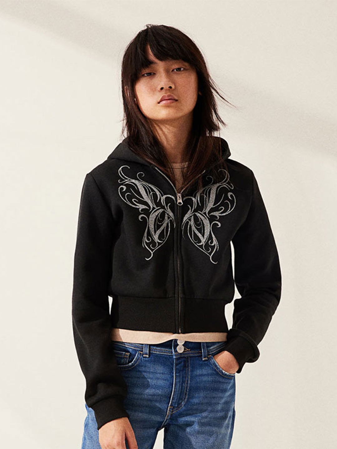 

H&M Girls Print-Motif Zip-Through Hoodie, Black