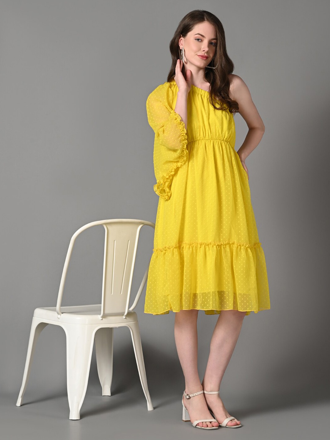 

Justin Whyte Spring Cotton One Shoulder Tiered Fit & Flare Dress, Yellow