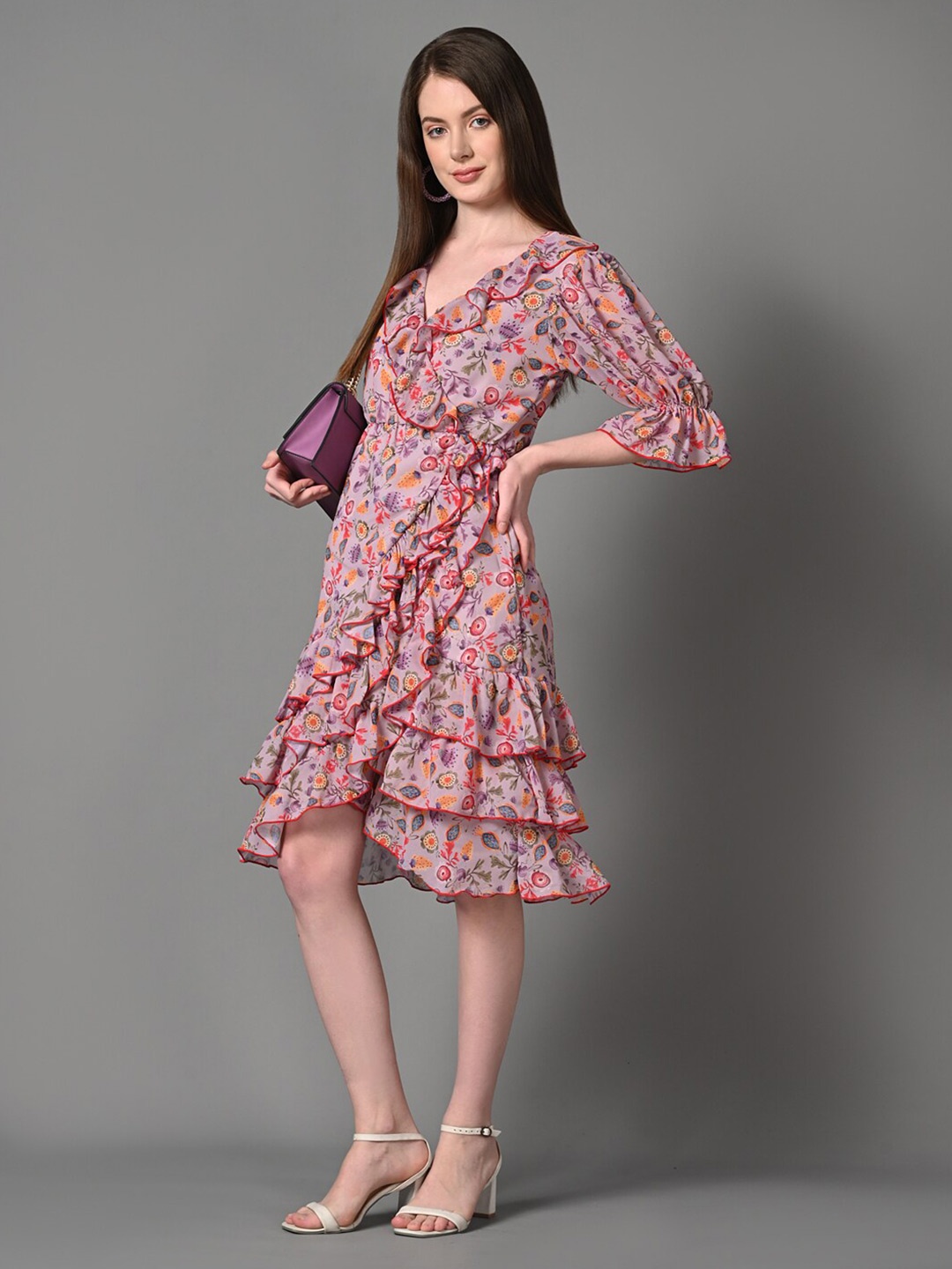 

Justin Whyte Nakeisha Floral Printed Bell Sleeve Georgette Fit & Flare Dress, Lavender