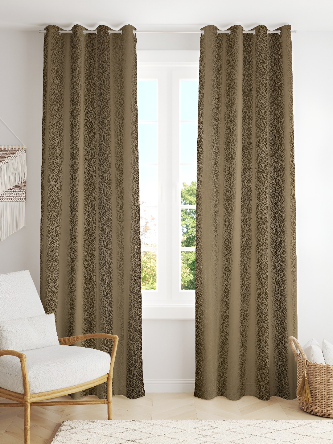 

LAFIONA Brown 2 Pieces Floral Printed Silk Room Darkening Long Door Curtains