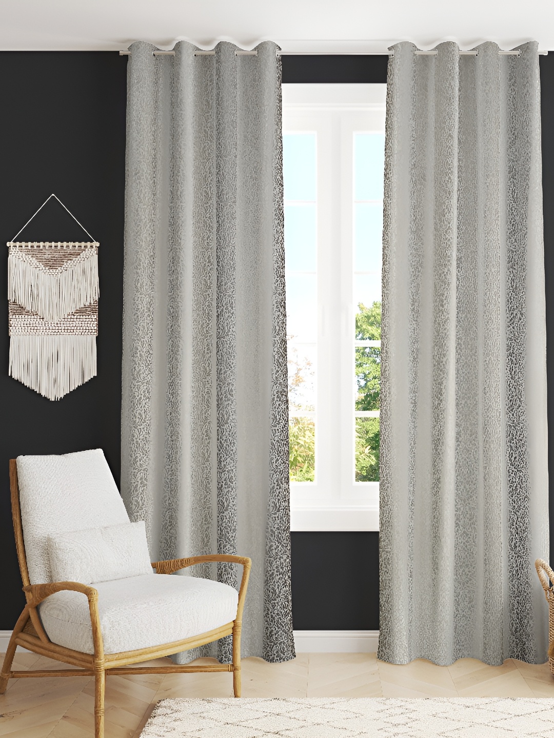 

LAFIONA Silver-Toned 2 Pieces Floral Printed Silk Room Darkening Long Door Curtains