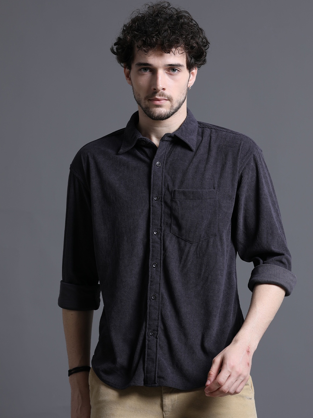 

Skewdeck Corduroy Classic Regular Fit Opaque Casual Shirt, Black