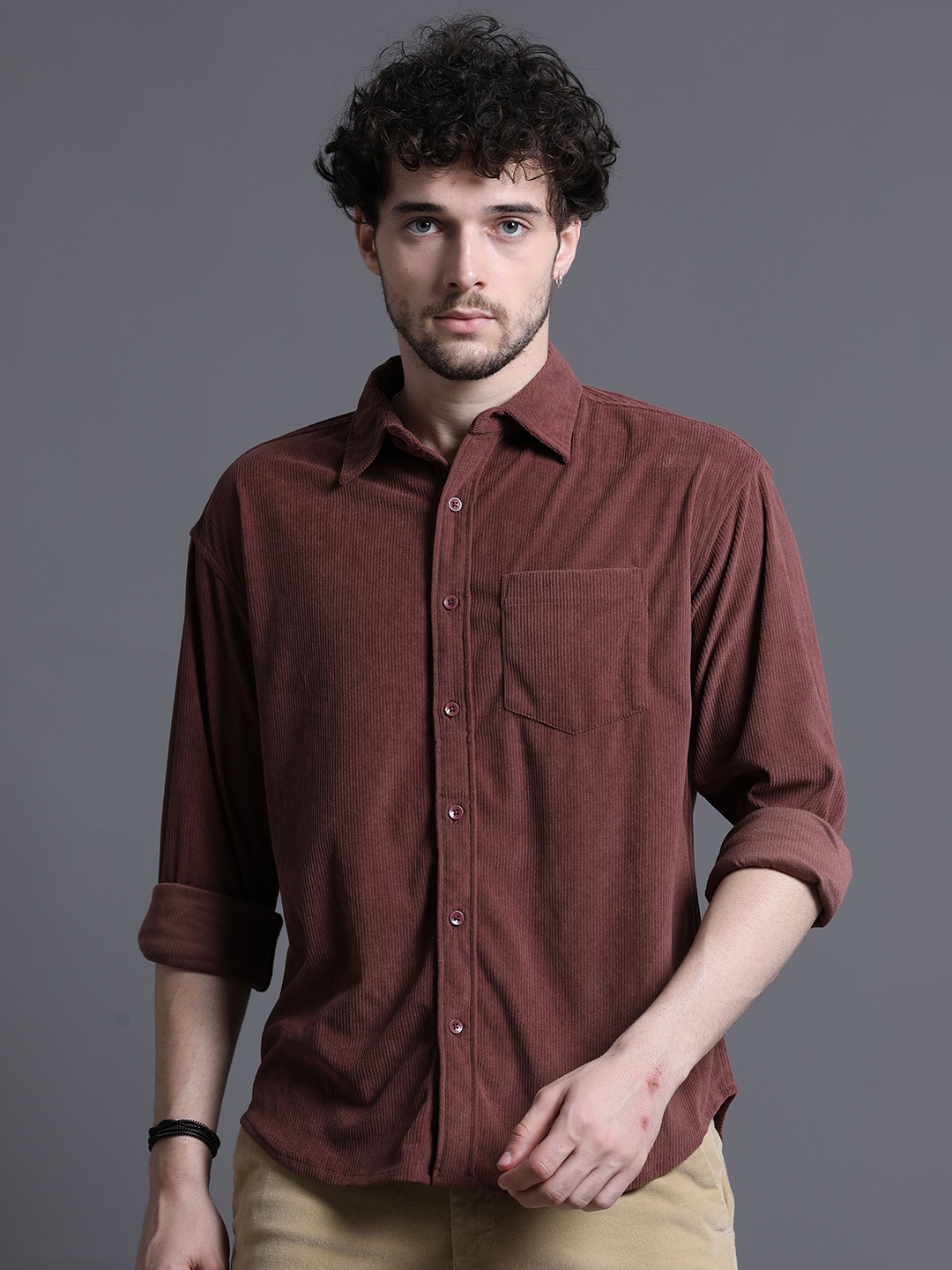 

Skewdeck Corduroy Classic Regular Fit Opaque Casual Shirt, Brown