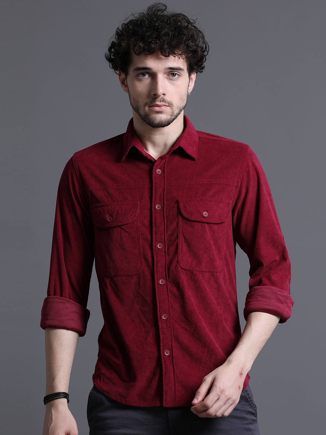 

Skewdeck Corduroy Classic Regular Fit Opaque Casual Shirt, Red