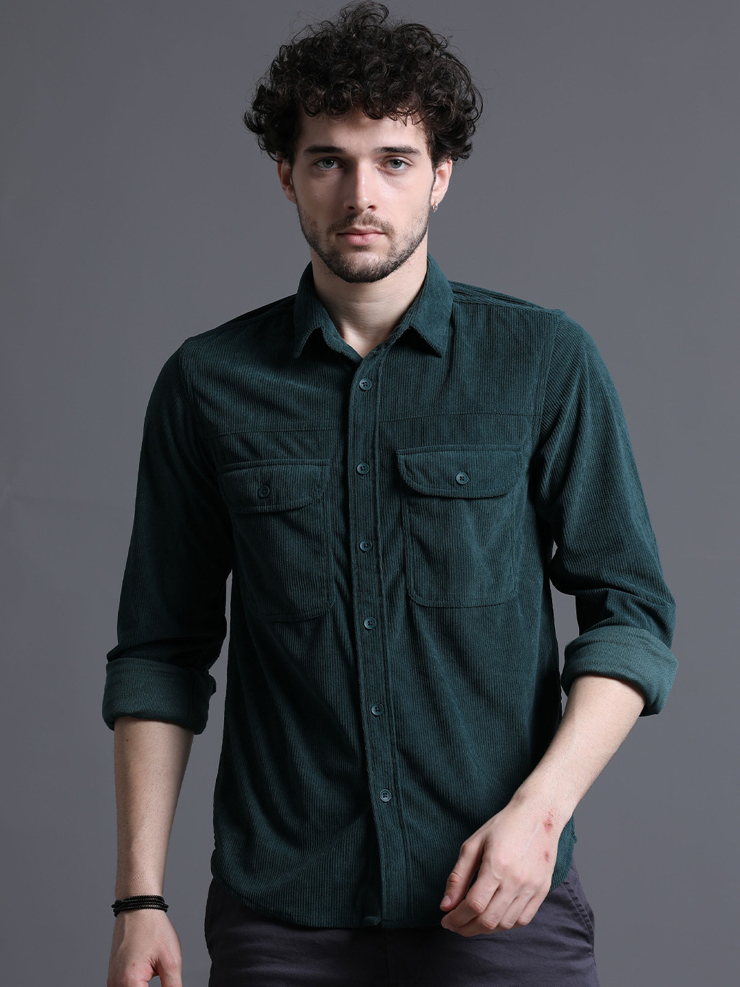 

Skewdeck Spread Collar Long Sleeves Classic Regular Fit Casual Shirt, Green