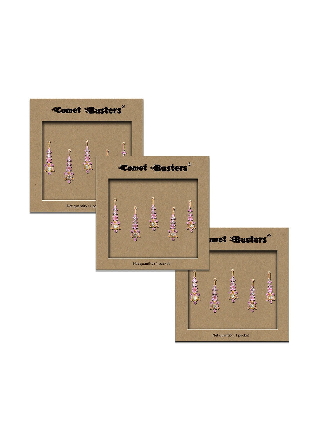 

Comet Busters Set of 3 Handcrafted Reusable Traditional Designer Bindis - Pink 038