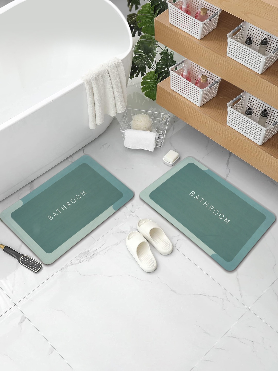 

DREAM WEAVERZ 2 Pieces Green HD 400 GSM Printed High Water Absorbent Bath Mats