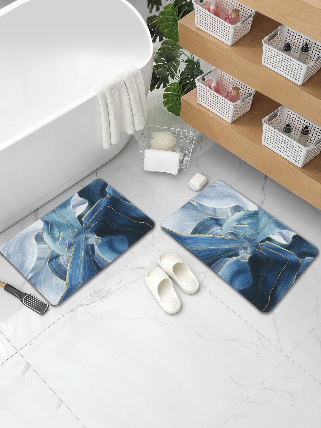 

DREAM WEAVERZ 2 Pieces Blue HD Printed 400 GSM High Water Absorbent Bath Mats