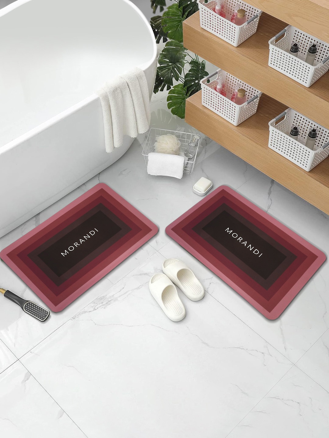 

DREAM WEAVERZ Maroon & White 2 Pcs HD Printed 400 GSM Highly Water Absorbent Bath Rugs