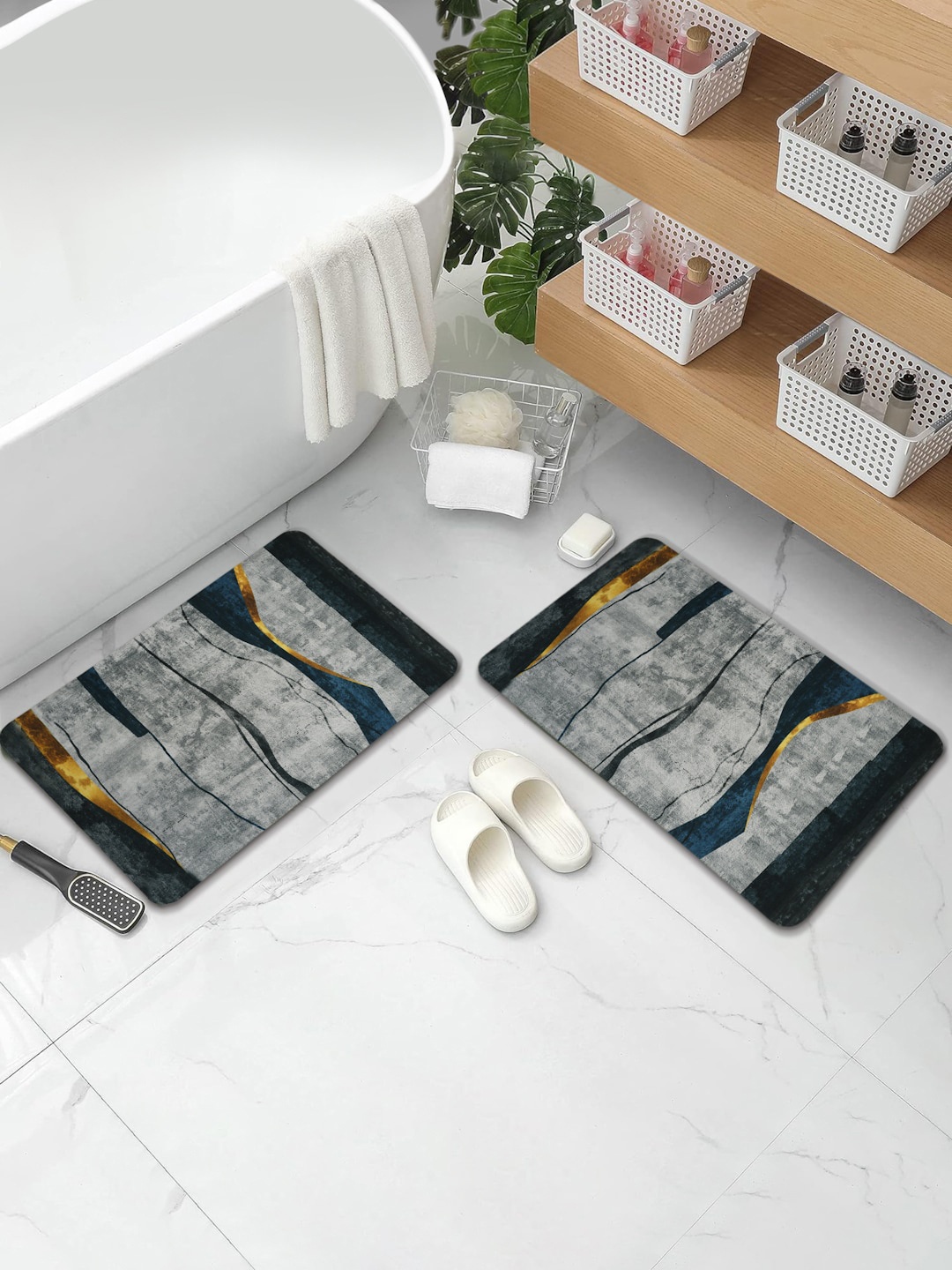 

DREAM WEAVERZ Grey & Teal Blue 2 Pcs Abstract Printed High Absorbent Anti-Skid Bath Mats