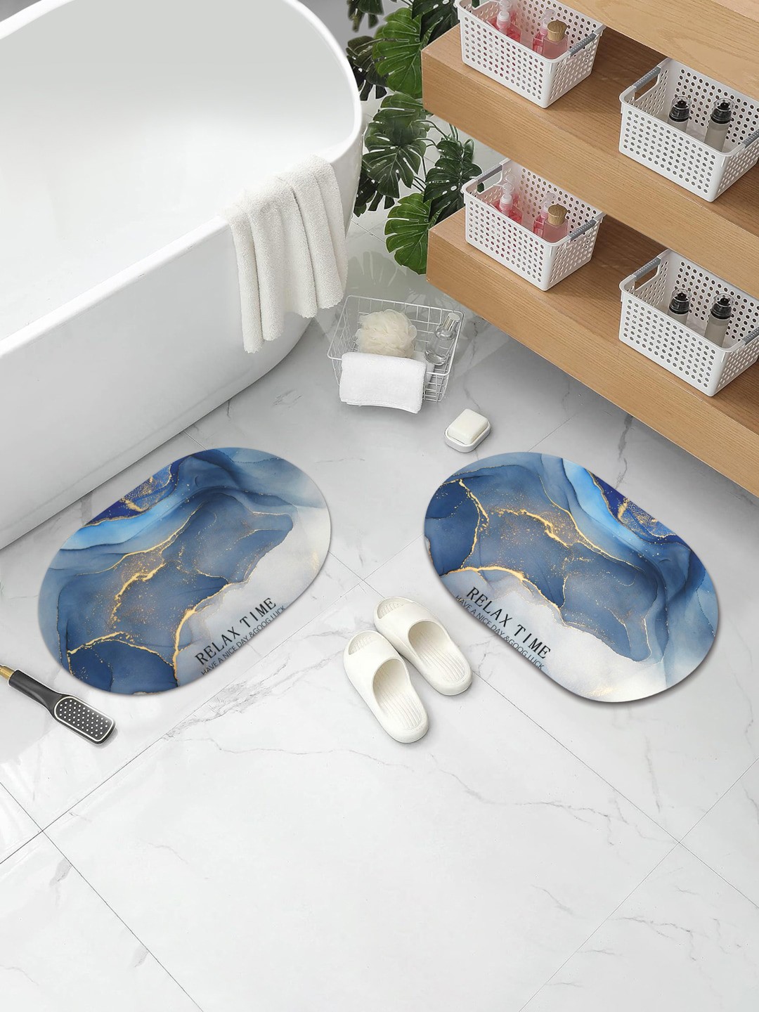 

DREAM WEAVERZ Grey & Blue HD Printed 400 GSM High Water Absorbent Bath Rugs