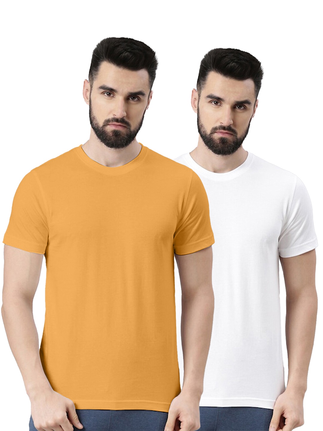 

VEIRDO Mustard Yellow & White Pack of 2 Round Neck Pure Cotton T-shirts