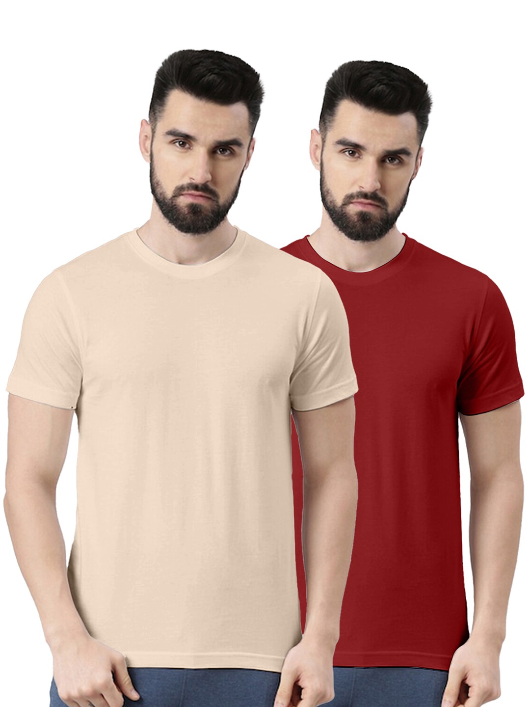 

VEIRDO Maroon & Beige Pack of 2 Round Neck Pure Cotton T-shirts