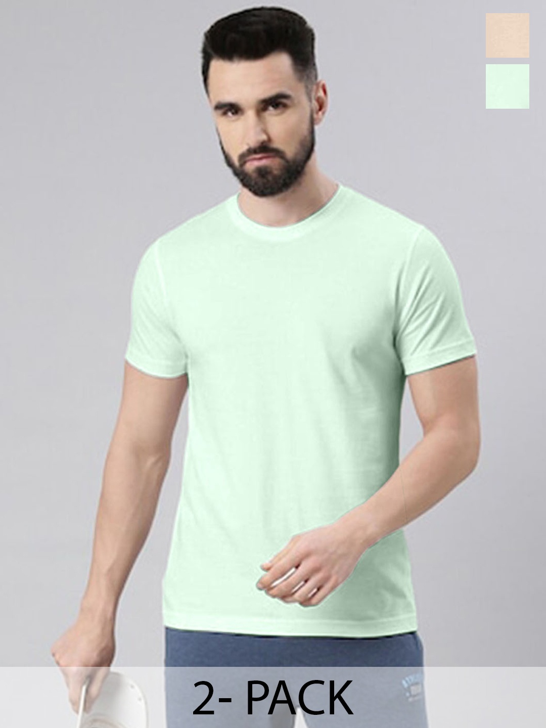 

VEIRDO Sea Green & Beige Pack of 2 Round Neck Pure Cotton T-shirts