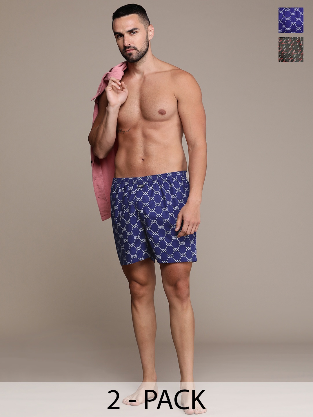 

Roadster Men Set of 2 Printed Pure Cotton Boxers, Navy blue