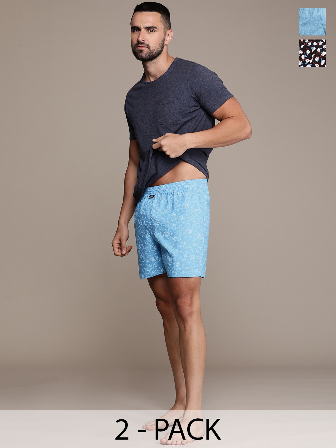

Roadster Men Set of 2 Printed Pure Cotton Boxers, Turquoise blue