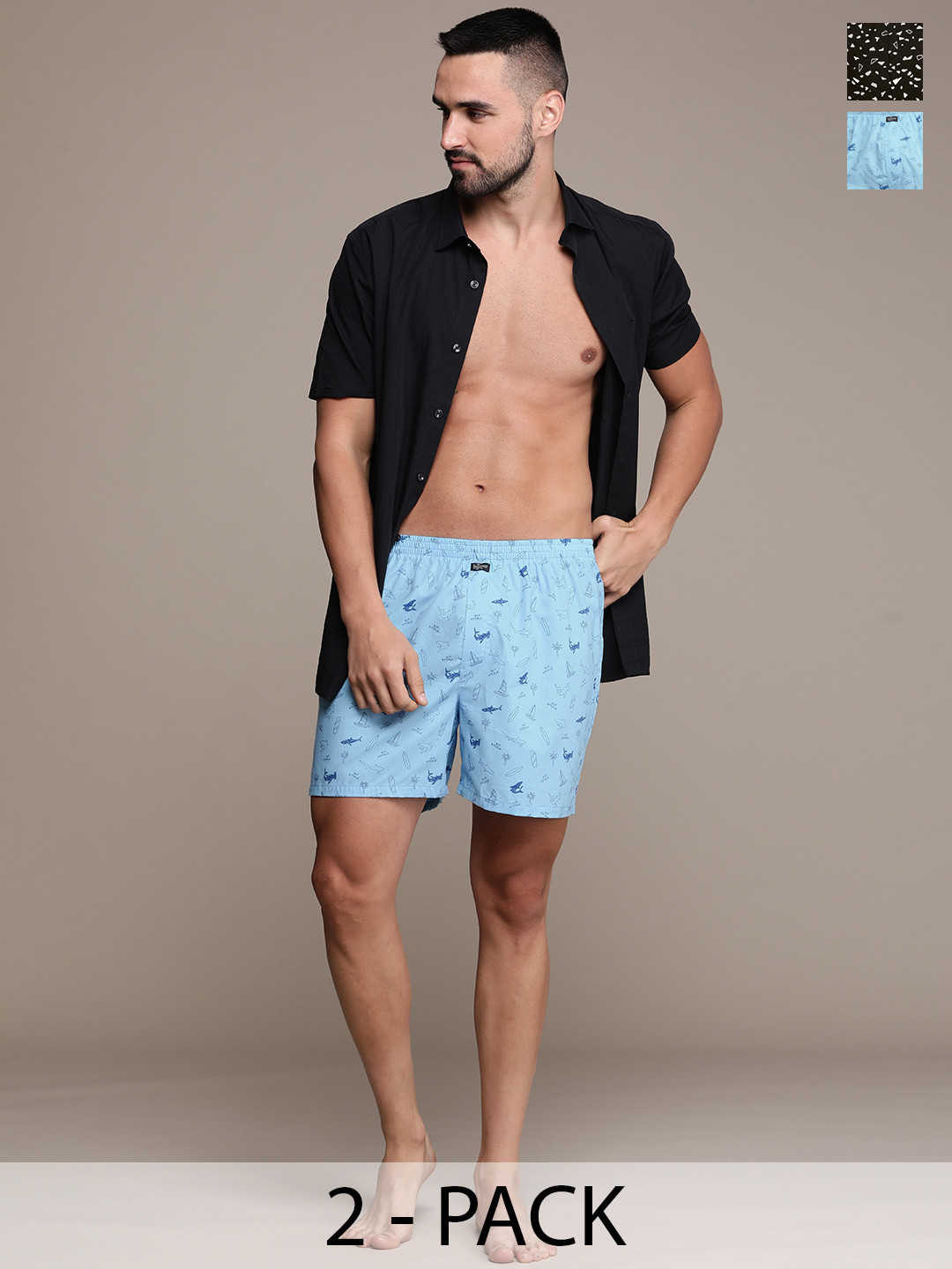 

Roadster Men Set of 2 Printed Pure Cotton Boxers, Turquoise blue