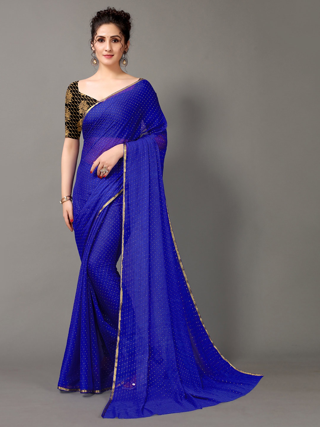 

Shaily Foil Printed Zari Pure Chiffon Saree, Blue