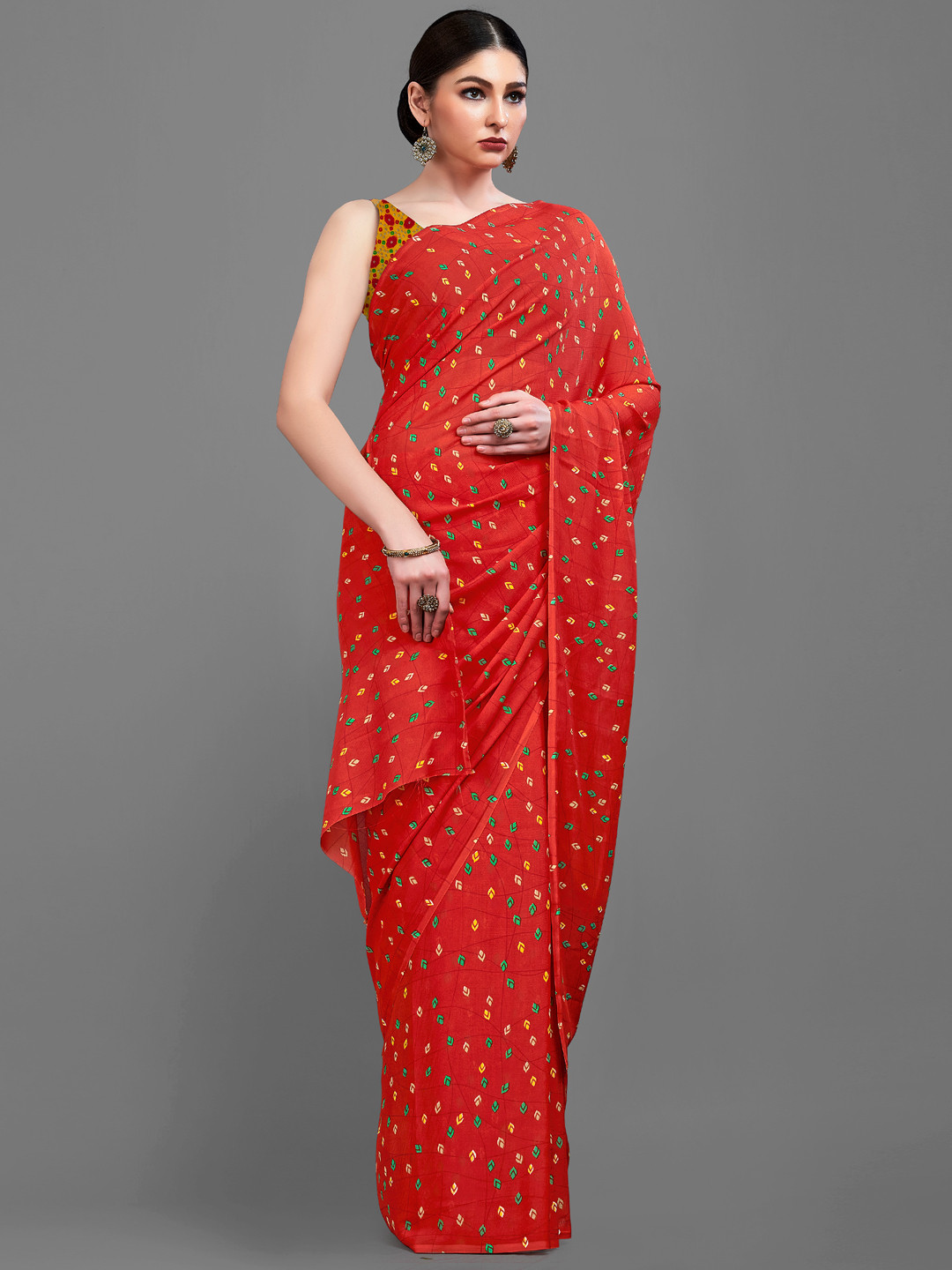 

Shaily Red & Green Floral Printed Saree