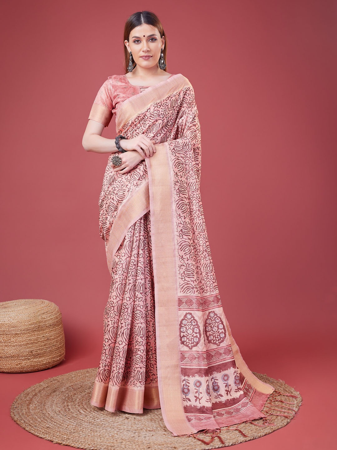 

DOI MOI Ethnic Motifs Zari Ikat Saree, Pink