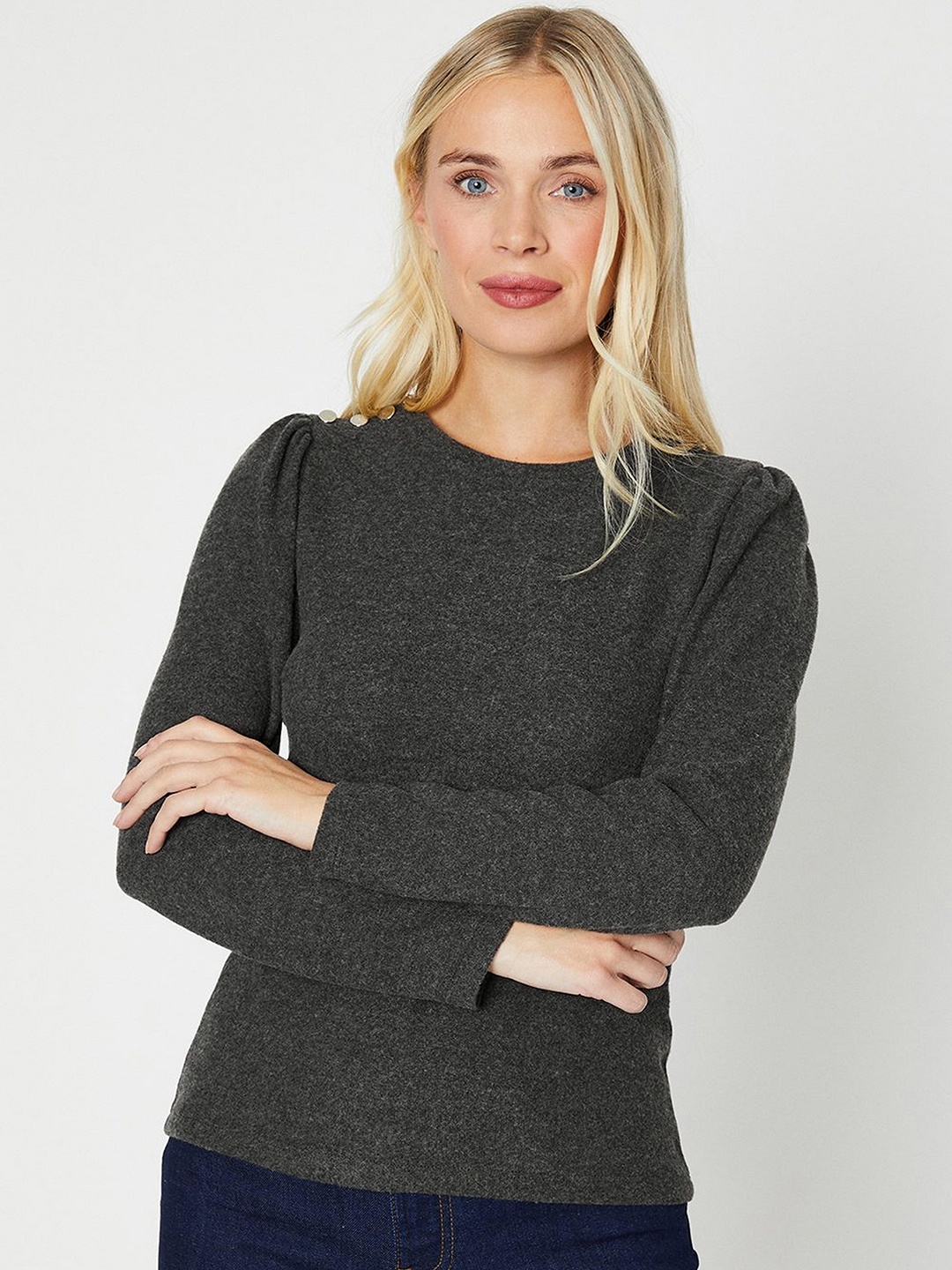 

DOROTHY PERKINS Buttoned Shoulder Puff Sleeves Petite Top, Charcoal