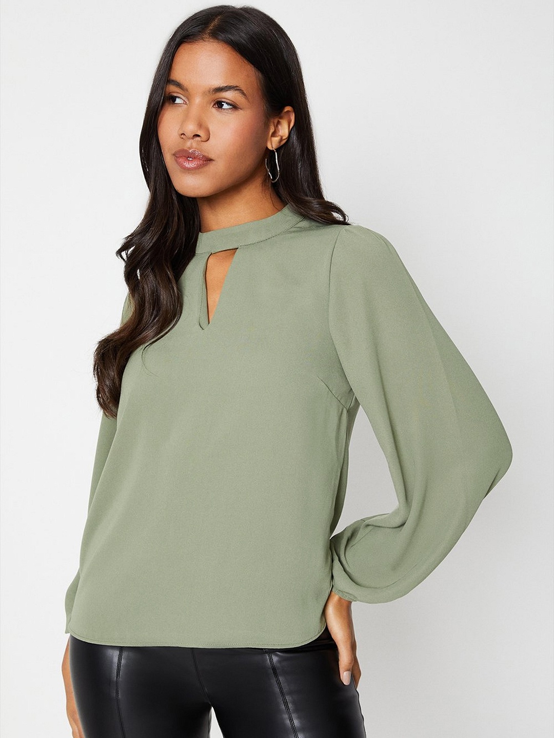 

DOROTHY PERKINS Keyhole Neck Puff Sleeves Top, Green