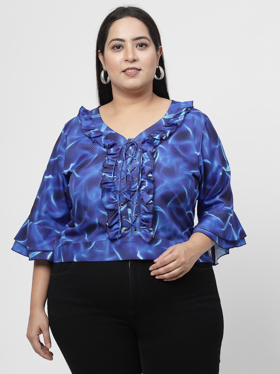 

Flambeur Plus Size Abstract Print V-Neck Ruffles Crop Top, Blue