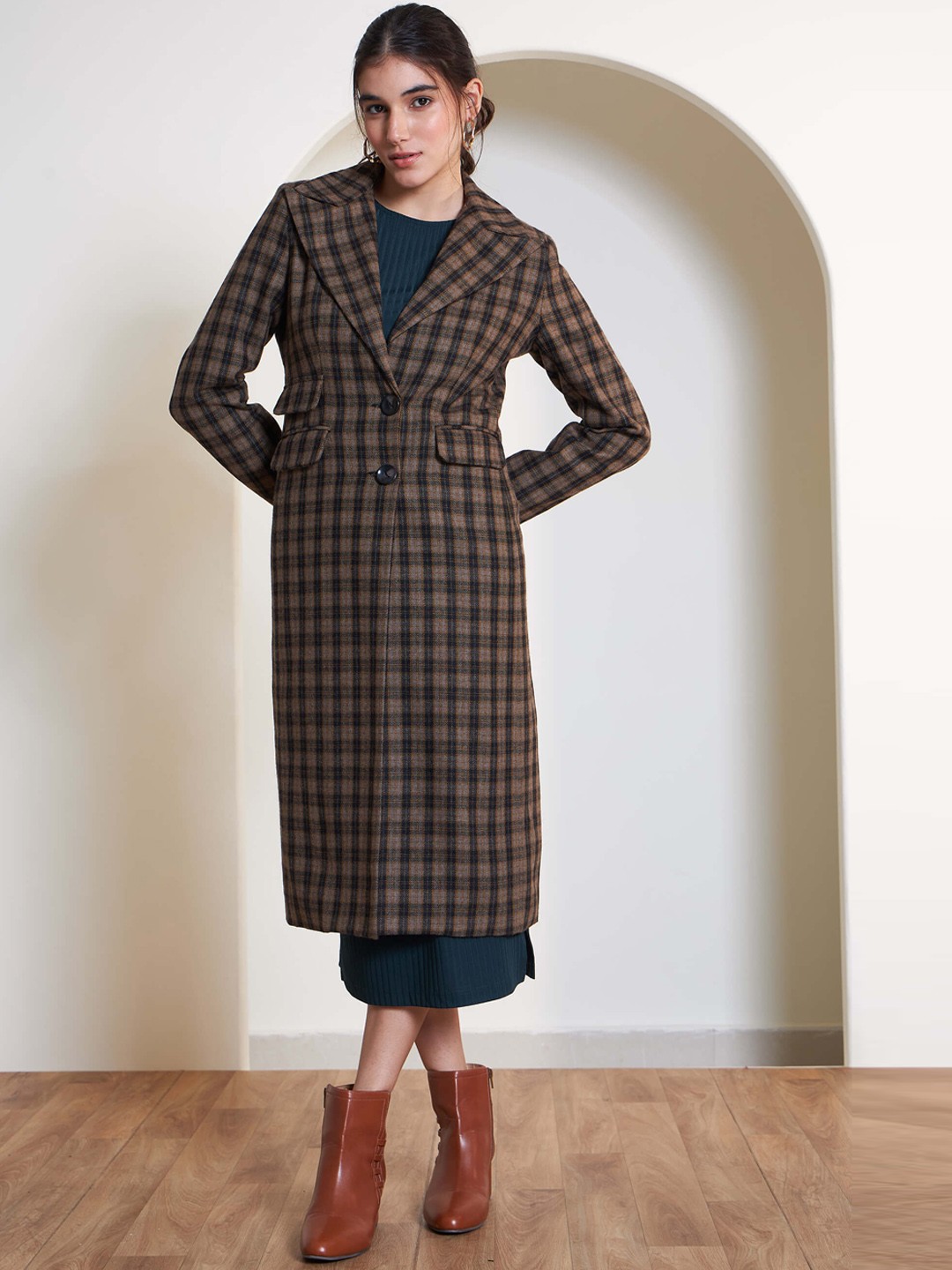 

SALT ATTIRE Checked Single Breasted Woolen Longline Overcoat, Brown