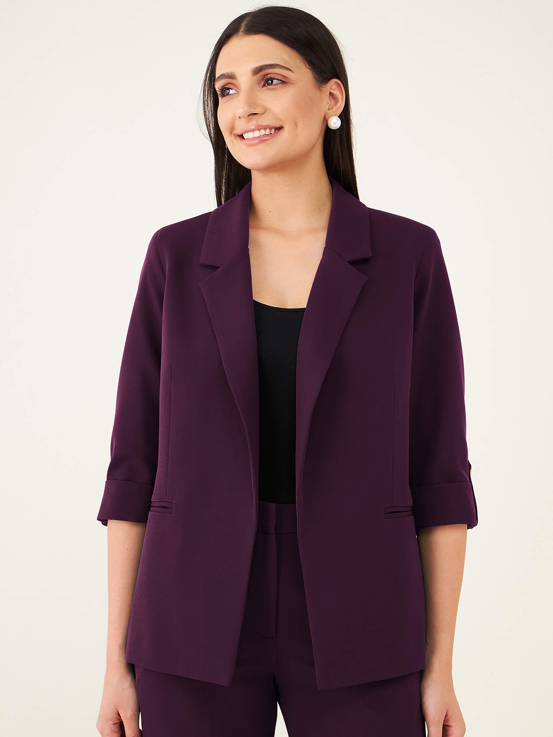 

SALT ATTIRE Notched Lapel Open Front Blazer, Purple