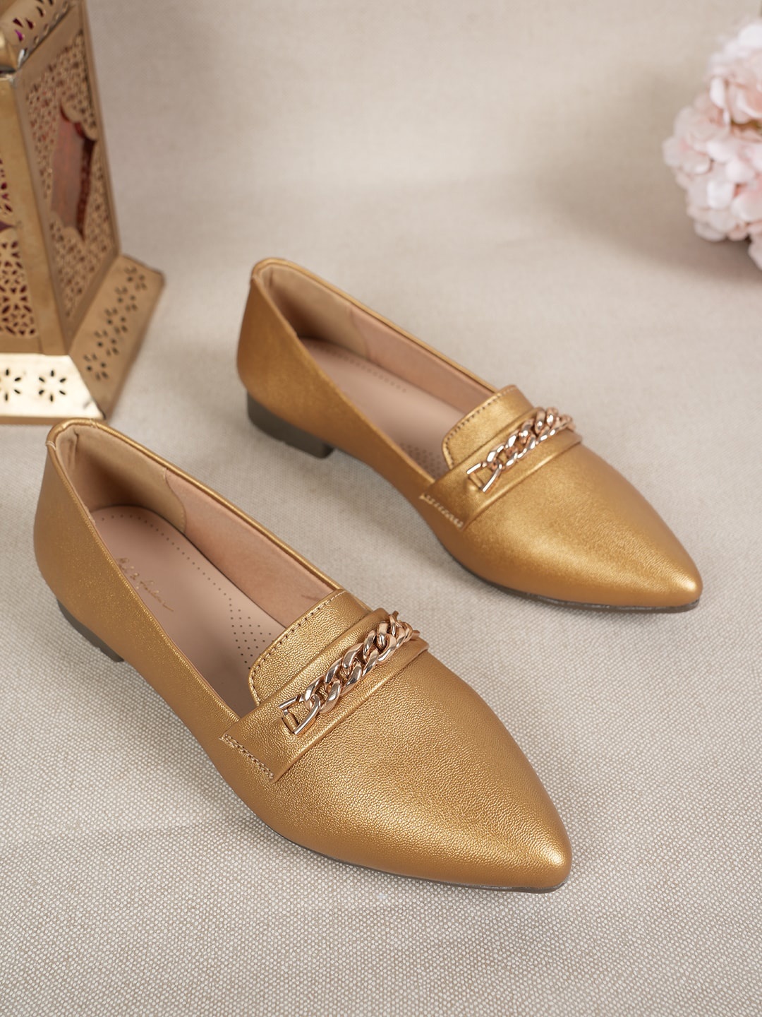 

Mast & Harbour Pointed Toe Embellished Detail Suede Ballerinas, Gold