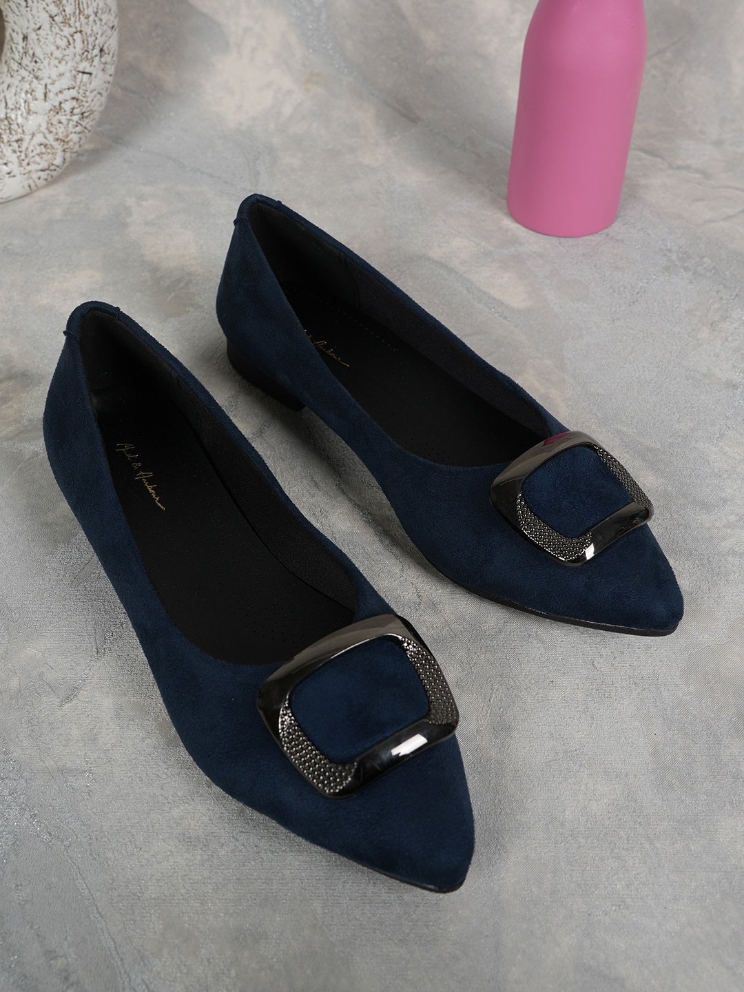 

Mast & Harbour Pointed Toe Buckles Detail Suede Ballerinas, Blue