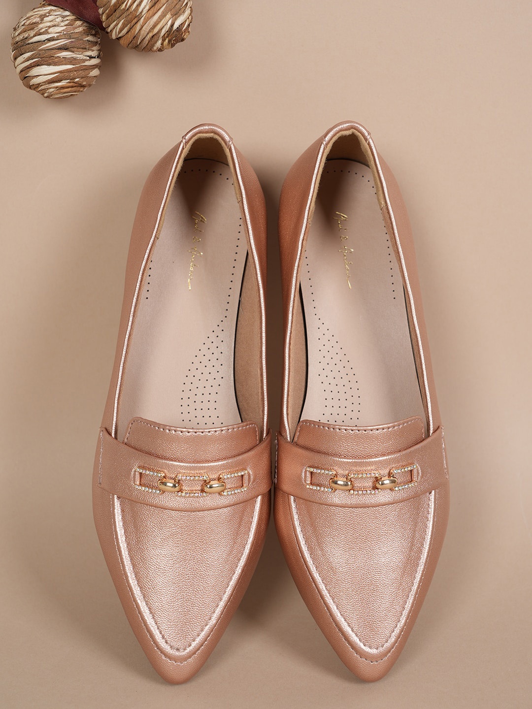 

Mast & Harbour Pointed Toe Textured Embellished Detail Ballerinas, Rose gold