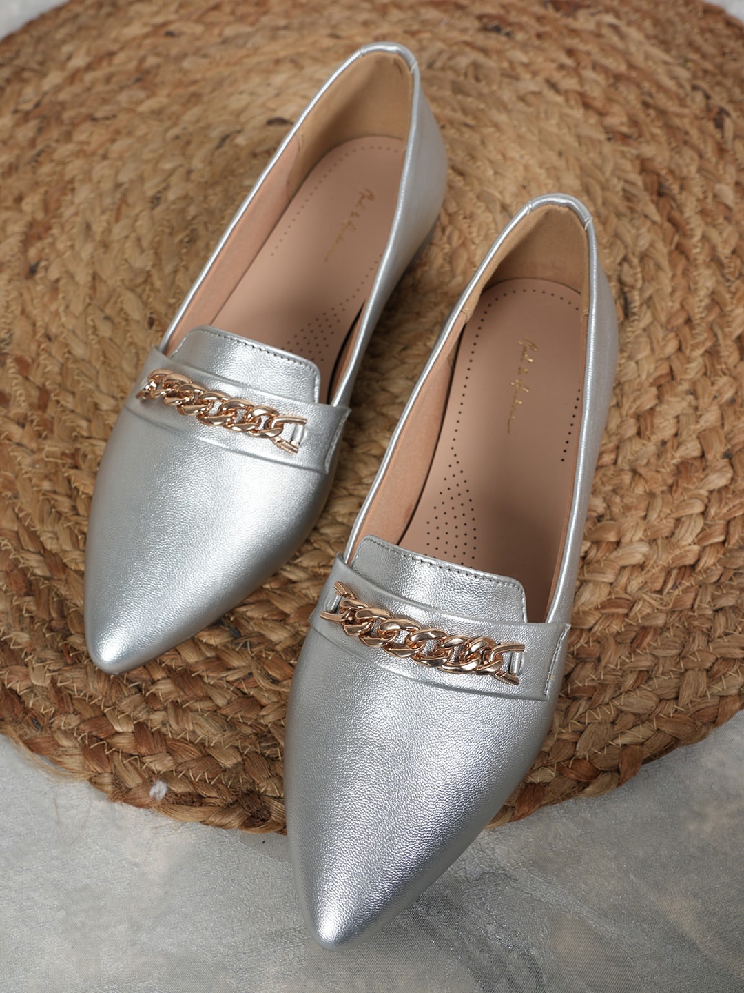 

Mast & Harbour Pointed Toe Embellished Detail Suede Ballerinas, Silver