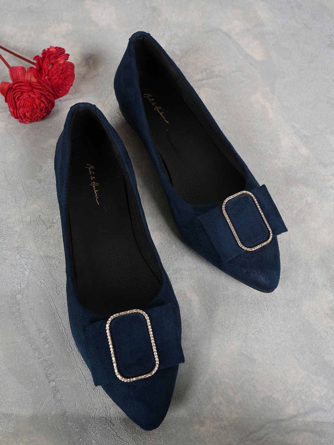 

Mast & Harbour Pointed Toe Bows Detail Suede Ballerinas, Blue