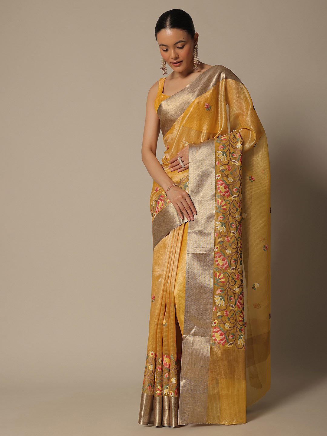 

KALKI Fashion Floral Embroidered Zari Chanderi Saree, Yellow